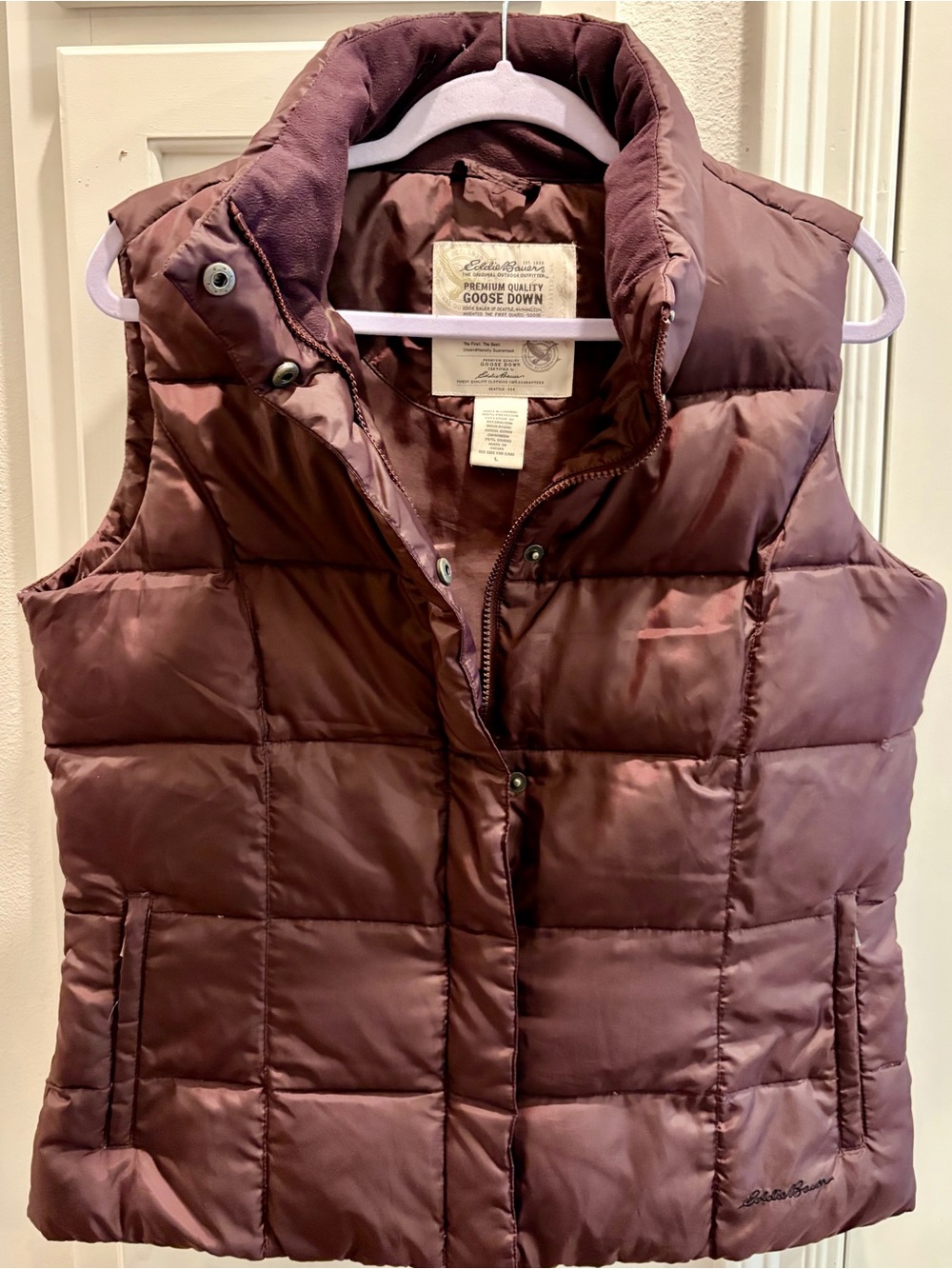 EUC! EDDIE BAUER Women’s Goose Down Mauve Quilted Puffer Vest/Worn Twice/Size L